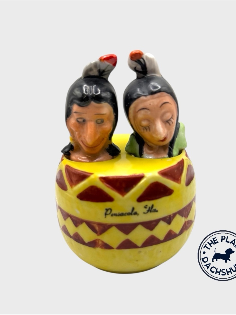 Vintage Midcentury Ceramic Yellow & Red Native American Nodder Set